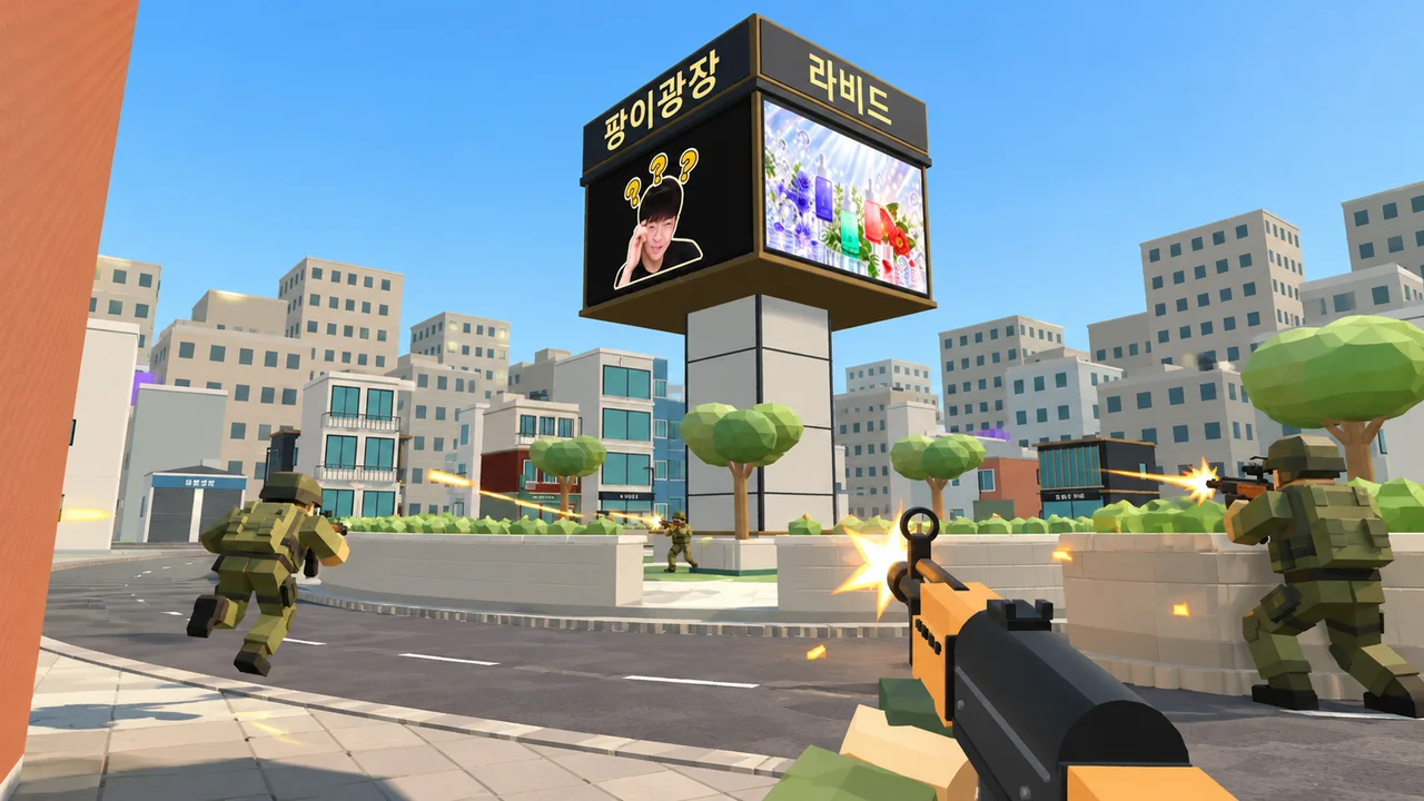 팡이광장 전광판과 화단 주변에서 군인들이 교전하는 기습공격 미리보기